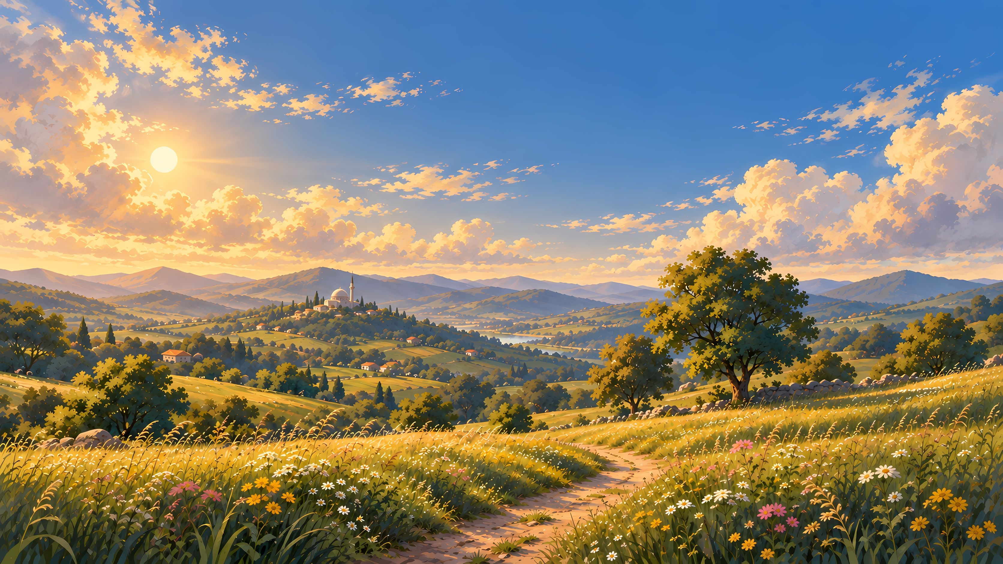 A painted valley in warm afternoon light, with a mosque beneath a blue sky.