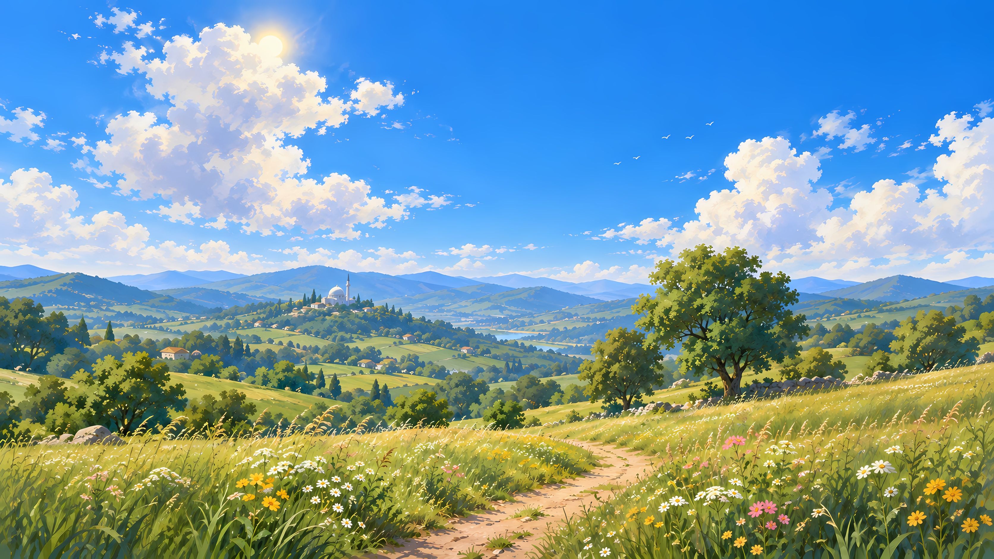A sunlit painted valley with green hills and a mosque on the horizon.