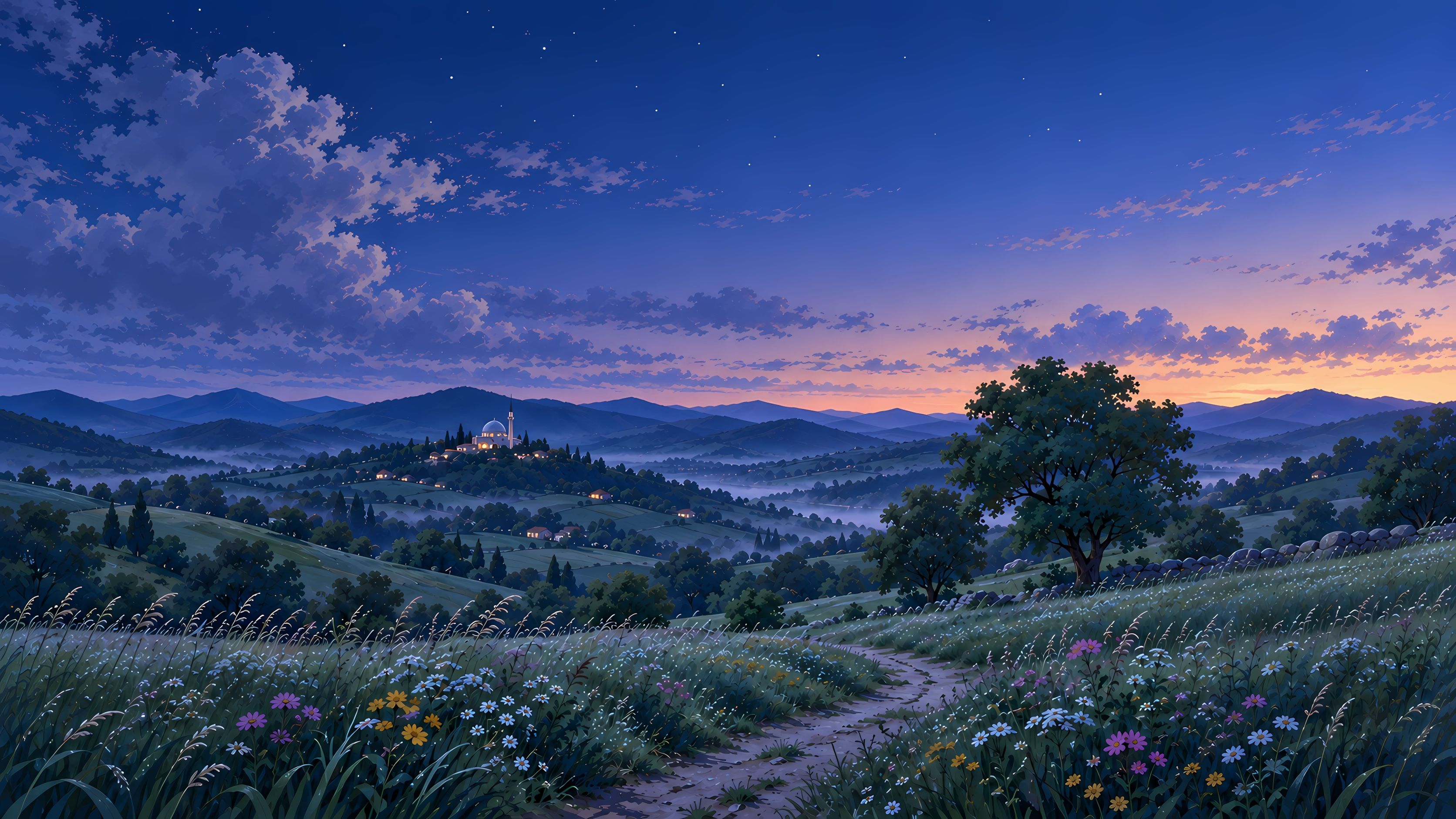 A painted valley and mosque at dawn, with soft light rising over the hills.