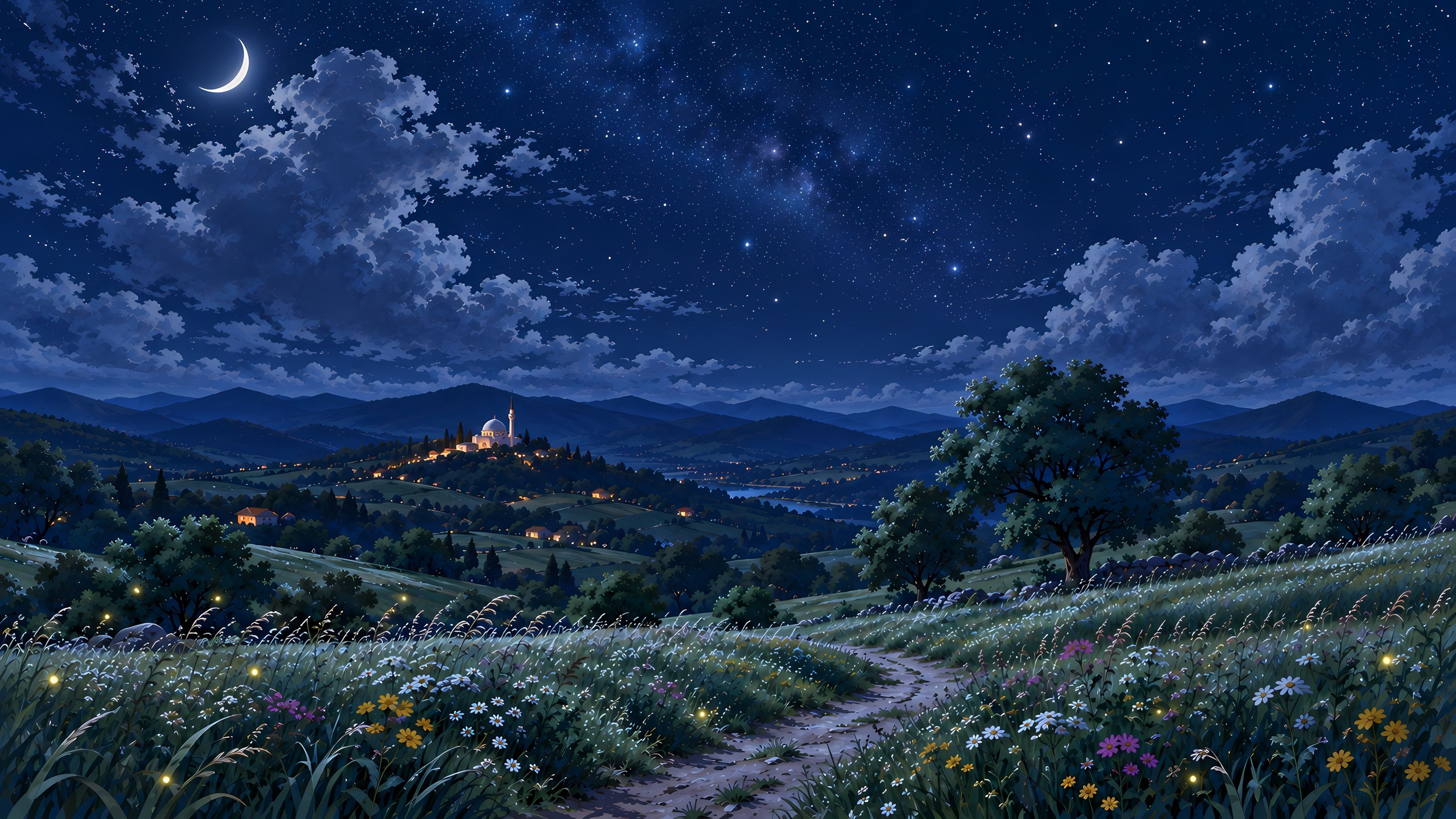 A painted valley and distant mosque under a dark, star-filled night sky.